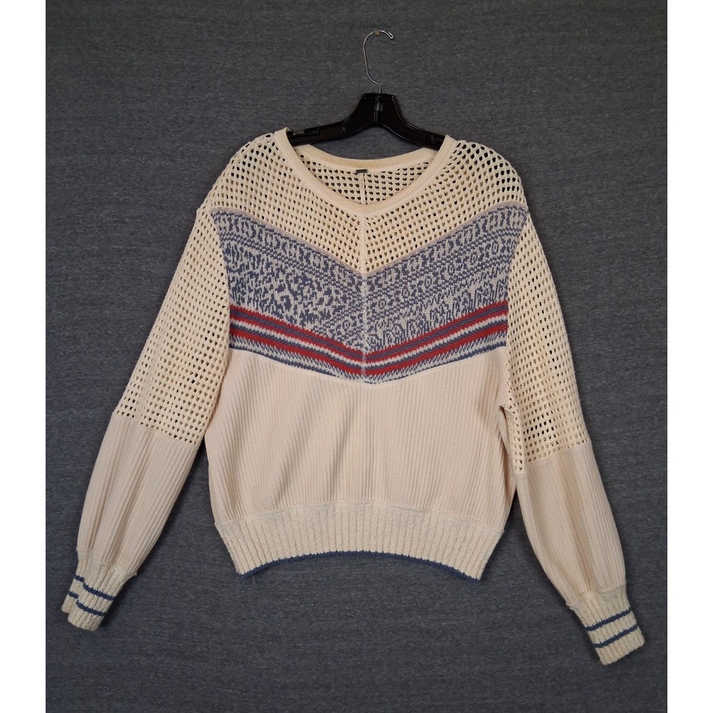 Free People Womens Sweater Small Beige Red Crochet Geo Party Festival Boho